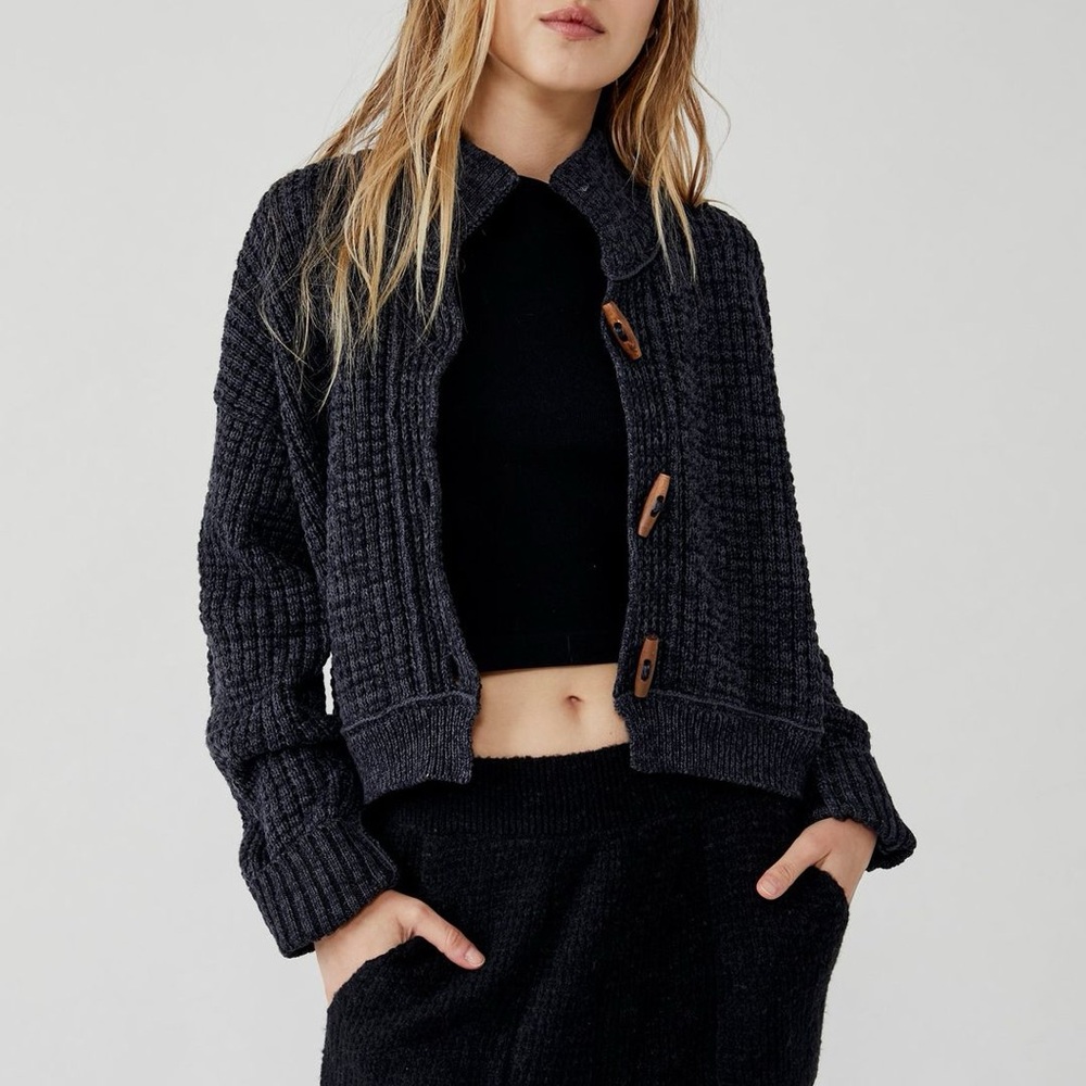 Free People Micah Fisherman Cardigan Sweater Black Women Size L
